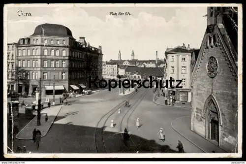 ALTE POSTKARTE GERA PLATZ DER XX 1942 FALKEN-DROGERIE Straßenbahn Tram Tramway Deutsche Dienstpost Ukraine postcard cpa