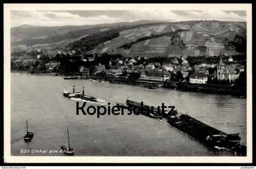 ALTE POSTKARTE UNKEL AM RHEIN 1936 FRACHTSCHIFF LEICHTER SCHUBVERBAND Schiff Raddampfer cargo freight ship cpa postcard