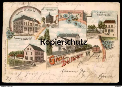ALTE LITHO POSTKARTE GRUSS AUS KÖLN DELLBRÜCK BAHNHOF KAUFHAUS TRINKHALLE LENZEN RESTAURATION ODENTHAL Station Gare cpa