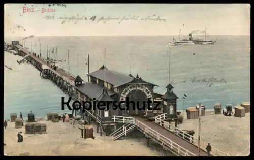 ALTE POSTKARTE BINZ AUF RÜGEN BRÜCKE DAMPFER STRAND Ansichtskarte AK postcard cpa