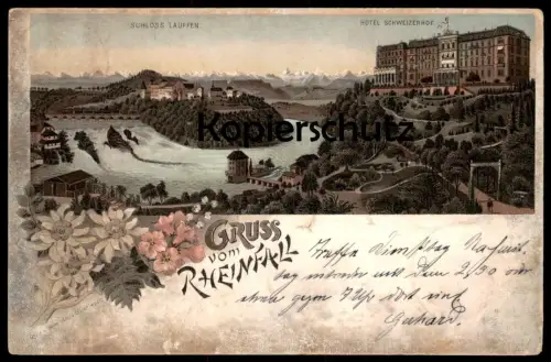 ALTE LITHO POSTKARTE GRUSS VOM RHEINFALL HOTEL SCHWEIZERHOF SCHLOSS LAUFFEN EDELWEISS Neuhausen Schaffhausen AK postcard