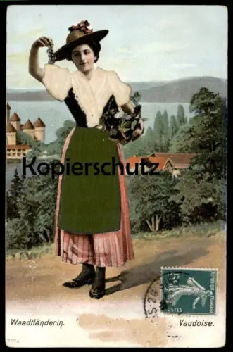 ALTE PRÄGE POSTKARTE WAADTLÄNDERIN CHATEAU CHILLON ROCK STOFFARTIG TRACHT traditional costume cpa postcard Ansichtskarte