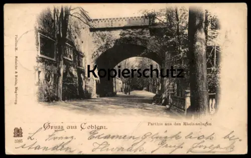 ALTE POSTKARTE GRUSS AUS COBLENZ PARTHIE KOBLENZ PARTIE AUS DEN RHEINANLAGEN 1899 Ansichtskarte postcard cpa