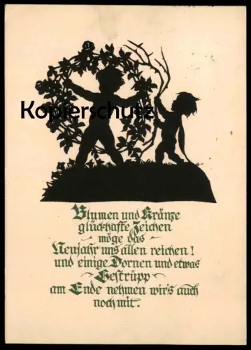 ALTE POSTKARTE SCHERENSCHNITT GEORG PLISCHKE BLUMEN & KRÄNZE KINDER NEUJAHR AK