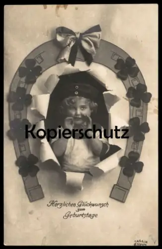 ALTE POSTKARTE KIND MÄDCHEN HERZLICHEN GLÜCKWUNSCH ZUM GEBURTSTAGE HUFEISEN MÜTZE child girl Ansichtskarte postcard cpa