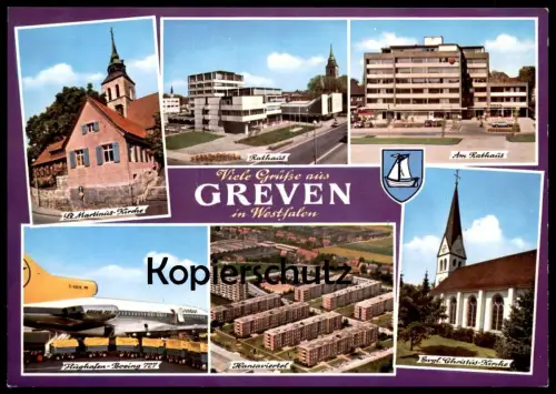 ÄLTERE POSTKARTE VIELE GRÜSSE AUS GREVEN IN WESTFALEN HANSAVIERTEL FLUGHAFEN BOEING 727 CONDOR postcard Ansichtskarte AK