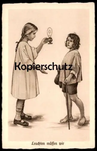 ALTE KÜNSTLER POSTKARTE LEUCHTEN MÜSSEN WIR LICHT LAMPE KINDER MÄDCHEN META LÖWE children enfants Ansichtskarte postcard