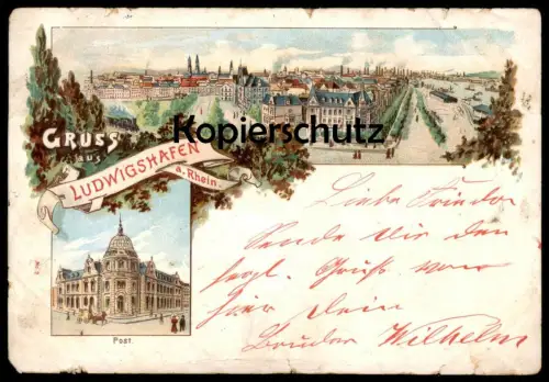 ALTE LITHO POSTKARTE GRUSS AUS LUDWIGSHAFEN TOTALANSICHT POST Totale Ansichtskarte postcard cpa AK