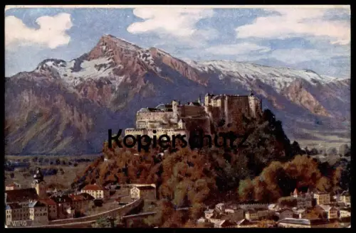 ALTE WIRO KÜNSTLER POSTKARTE SALZBURG FESTUNG & UNTERSBERG Verlag Kunsthandlung Mora postcard cpa AK Ansichtskarte