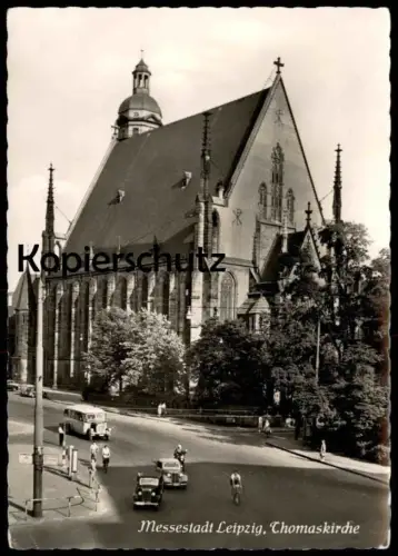 ÄLTERE POSTKARTE MESSESTADT LEIPZIG THOMASKIRCHE AUTOBUS BUS OMNIBUS Kirche Ansichtskarte postcard AK