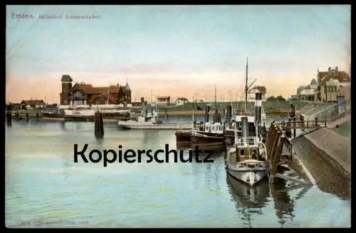 ALTE POSTKARTE EMDEN BAHNHOF AUSSENHAFEN HAFEN SCHIFF ship bateau station gare cpa postcard AK Ansichtskarte