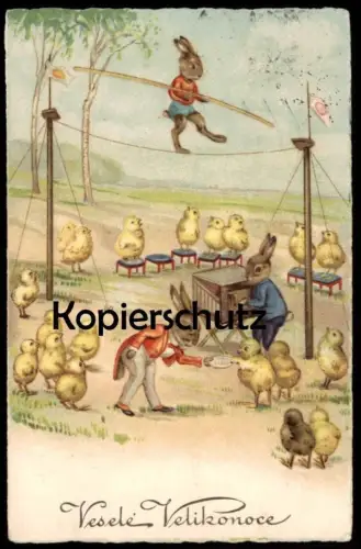 ALTE POSTKARTE VESELE VELIKONOCE FROHE OSTERN VERMENSCHLICHTE HASEN ZIRKUS DREHORGEL ORGEL Akrobat acrobat circus cirque
