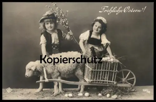 ALTE POSTKARTE FRÖHLICHE OSTERN KINDER SCHAF MIT KARREN Huhn sheep children child easter postcard Ansichtskarte cpa AK
