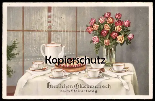 ALTE POSTKARTE HERZLICHEN GLÜCKWUNSCH ZUM GEBURTSTAG KAFFEETAFEL KUCHEN KAFFEE cake Porzellan porcelain Ansichtskarte AK