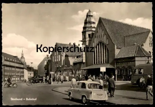 ÄLTERE POSTKARTE STRALSUND BAHNHOF MOFA Auto station gare Trabant Trabbi 1963 Mitropa Mofa cpa AK Ansichtskarte postcard
