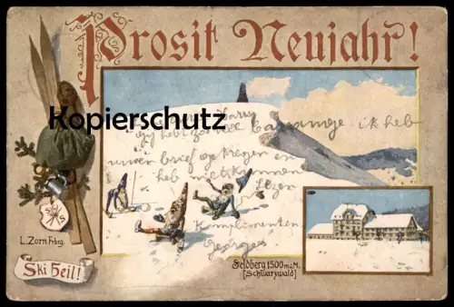 ALTE KÜNSTLER POSTKARTE PROSIT NEUJAHR FELDBERG LUDWIG ZORN ZWERGE FAHREN SKI nains midget skiing dwarfs postcard cpa AK