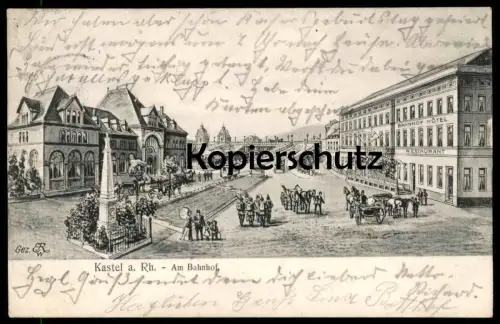 ALTE LITHO POSTKARTE KASTEL AM RHEIN AM BAHNHOF MAINZ KUTSCHEN BAHNHOF HOTEL gare station Ansichtskarte cpa postcard AK