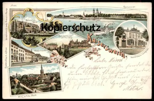 ALTE LITHO POSTKARTE GRUSS AUS KAISERSWERTH KAISERPFALZ RUINE GESCHÄFTSHAUS APEL Düsseldorf postcard Ansichtskarte cpa