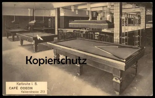 ALTE POSTKARTE KARLSRUHE CAFÉ ODEON KAISERSTRASSE 213 BILLARD Billiards Billiard snooker cpa postcard AK Ansichtskarte