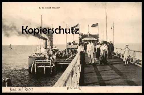 ALTE POSTKARTE BINZ AUF RÜGEN BRÜCKENKOPF S.M. SCHIFF STEIPNER DAMPFER FÄHRE FÄHRSCHIFF Schiff ship postcard cpa