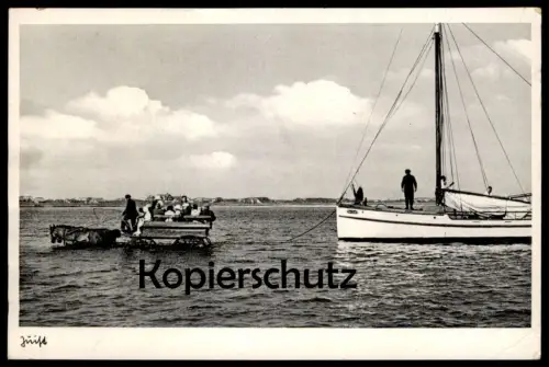 ALTE POSTKARTE NORDSEEBAD JUIST 1937 PFERDEKUTSCHE PFERDEWAGEN UND SEGLER SEGELSCHIFF Ansichtskarte postcard AK cpa