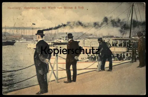 ALTE POSTKARTE HAMBURG HAFENPARTIE MIT WERFT BLOHM + VOSS HAFEN Dampfer Schiff ship Ansichtskarte postcard Bahnpost AK