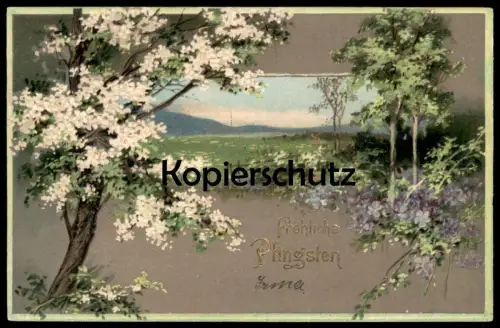 ALTE PRÄGE POSTKARTE FRÖHLICHE PFINGSTEN BLÜHENDER BAUM embossed gauffrée cpa AK postcard Ansichtskarte