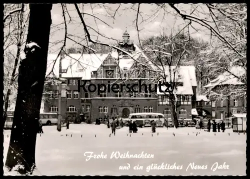 ÄLTERE POSTKARTE BERGISCH GLADBACH RATHAUS IM SCHNEE WINTER FROHE WEIHNACHTEN & EIN GLÜCKLICHES NEUES JAHR OMNIBUS BUS