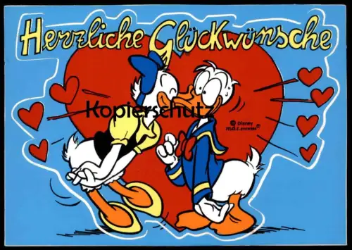 POSTKARTE DAISY & DONALD DUCK HERZLICHE GLÜCKWÜNSCHE LIEBE LOVE KISS KÜSSEN AUFKLEBER STICKER 1990 Disney postcard AK