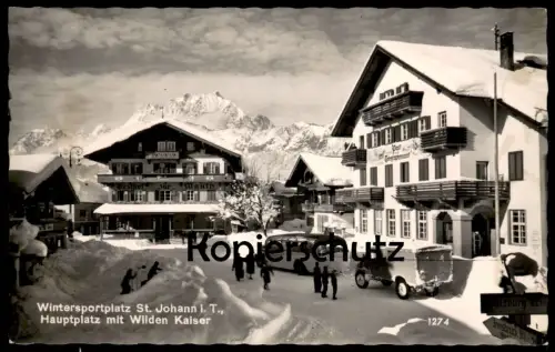 ÄLTERE POSTKARTE SANKT JOHANN IN TIROL ST. HAUPTPLATZ POST- UND TELEGRAPHENAMT AUTOS AUTO BUS SCHNEE WINTER AK postcard