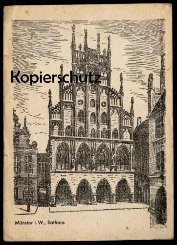 ALTE POSTKARTE MÜNSTER WESTFALEN RATHAUS STEINZEICHNUNG RADIERUNG PAPIER VERM. ZU KRIEGSZEIT postcard Ansichtskarte cpa