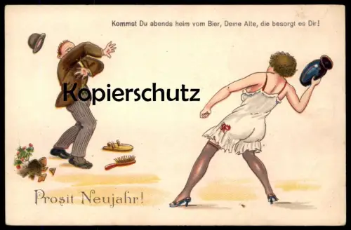 ALTE POSTKARTE PROSIT NEUJAHR BIER ALKOHOL EHEFRAU ALTE alcohol alcool beer drunken Humor humour postcard cpa AK