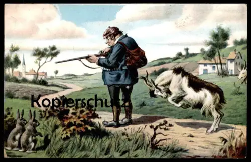 ALTE POSTKARTE JÄGER ANGRIFF ZIEGENBOCK 1911 Humor hunter Jagd chasseur Ziege goat chèvre Hasen Ansichtskarte postcard