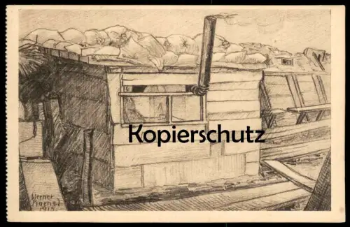 ALTE KÜNSTLER POSTKARTE WWI UNTERSTAND MIT SOLDAT SIGN. WERNER HAENEL 1915 Graben Ansichtskarte postcard AK cpa