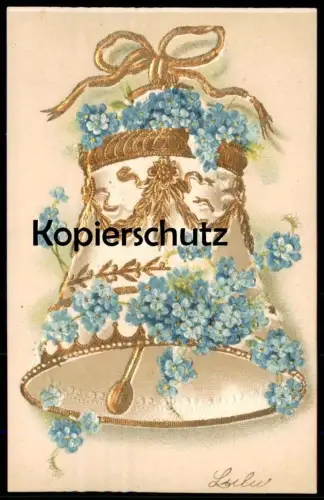 ALTE PRÄGE POSTKARTE GLOCKE GESCHMÜCKT MIT BLUMEN vergoldet flowers clarine bell cloche Ansichtskarte postcard cpa AK