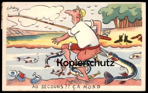 ALTE POSTKARTE AU SECOURS ANGLER FISHERMAN HECHT AAL Fish Fisch Forelle Brochet Pike Trout Ansichtskarte AK cpa postcard