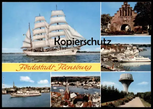 ÄLTERE POSTKARTE FÖRDESTADT FLENSBURG HAFEN SCHIFFE SEGELSCHIFF WASSERTURM Schiff ship bateau port postcard AK cpa