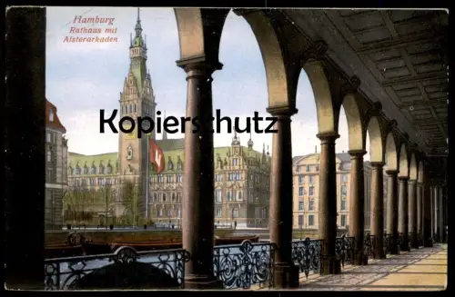 ALTE POSTKARTE HAMBURG RATHAUS MIT ALSTERARKADEN FLAGGE MIT WAPPEN ARKADEN Ansichtskarte postcard AK cpa