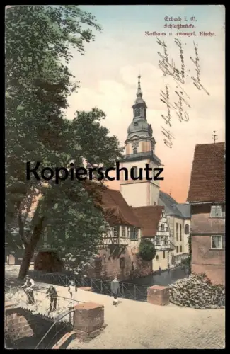 ALTE POSTKARTE ERBACH IM ODENWALD SCHLOSSBRÜCKE RATHAUS UND EVANGELISCHE KIRCHE FELDPOST 1915 Ansichtskarte postcard cpa