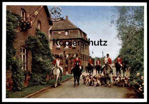 ÄLTERE POSTKARTE JAGD HUBERTUSJAGD JÄGER HUNDE PFERDE HOFGUT NEUHOF C. SCHUMACHER NEU-ISENBURG Beagle ? hunting chasseur