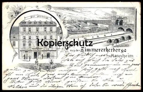 ALTE LITHO POSTKARTE MANNHEIM GRUSS AUS DER ZIMMERERHERBERGE ZUR HERBERGE ZIMMERER ZUM GOLDENEN ADLER AK cpa postcard