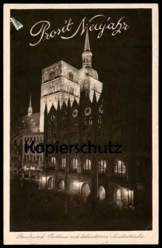 ALTE POSTKARTE STRALSUND 1928 PROSIT NEUJAHR RATHAUS UND BELEUCHTETE NICOLAIKIRCHE BEI NACHT Ansichtskarte cpa postcard