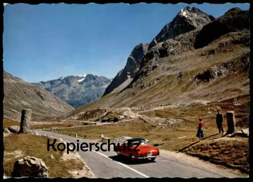 ÄLTERE POSTKARTE JULIER PASSHÖHE MIT DEN BEIDEN RÖMERSÄULEN ROTER KARMANN GHIA VW Ansichtskarte postcard cpa AK