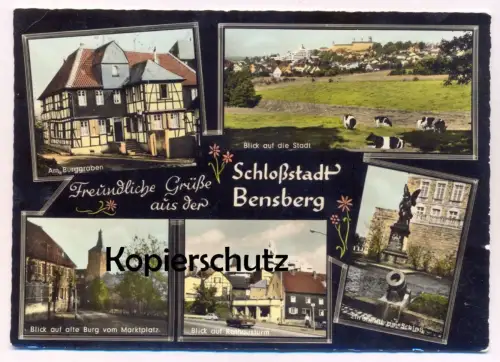 ÄLTERE POSTKARTE FREUNDLICHE GRÜSSE AUS DER SCHLOSSSTADT BENSBERG BURGGRABEN RATHAUSTURM Bergisch Gladbach Ansichtskarte