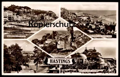 ÄLTERE POSTKARTE HASTINGS OLD TOWN AND FISHING FLEET ALEXANDRA PARK BAND ENCLOSURE AND PIER postcard Ansichtskarte cpa
