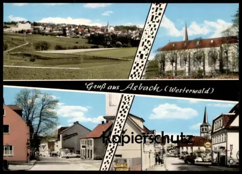 ÄLTERE POSTKARTE GRUSS AUS ASBACH WESTERWALD SHELL TANSKTELLE VW KÄFER VOLKSWAGEN SCHILD KÖLSCH Ansichtskarte postcard