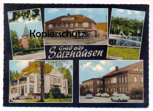ÄLTERE POSTKARTE GRUSS AUS SALZHAUSEN LANDKREIS HARBURG KAUFHAUS DÜVER VW BUS SCHWIMMBAD PENSIONSHAUS Ansichtskarte cpa