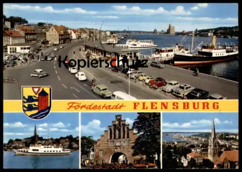 ÄLTERE POSTKARTE FÖRDESTADT FLENSBURG HAFEN UND STADT SCHIFF ALBATROS VOLKSWAGEN VW KÄFER ship bateau AK postcard cpa