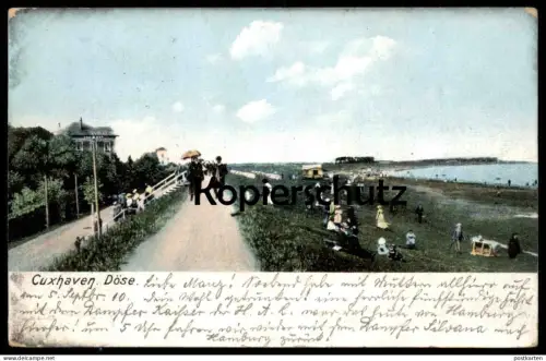 ALTE POSTKARTE CUXHAVEN DÖSE DEICH 1910 SPAZIERGÄNGER STRAND