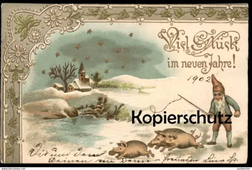 ALTE PRÄGE POSTKARTE NEUJAHR ZWERG dwarf midget nain Schweine Schwein pig pigs